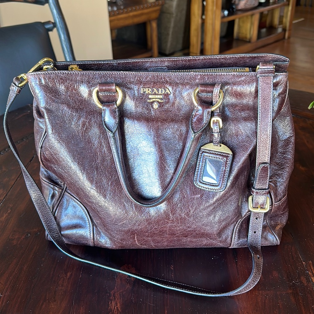 Prada Vitello Shine 2 Way Leather Tote Shoulder Crossbody Bag Brown Unisex